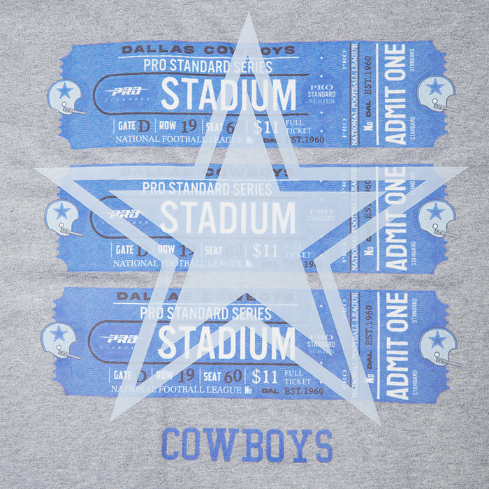 Men's heather gray Cowboys T-shirt close-up of stacked blue stadium graphic with Cowboys text