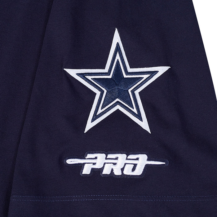 Midnight-blue T-shirt close-up of white star graphic with 'PRO' mark