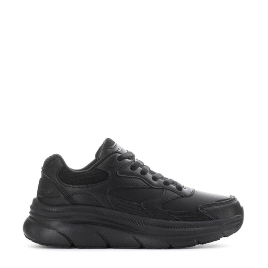 Black slip-resistant women's lace-up sneaker with thick cushioned sole