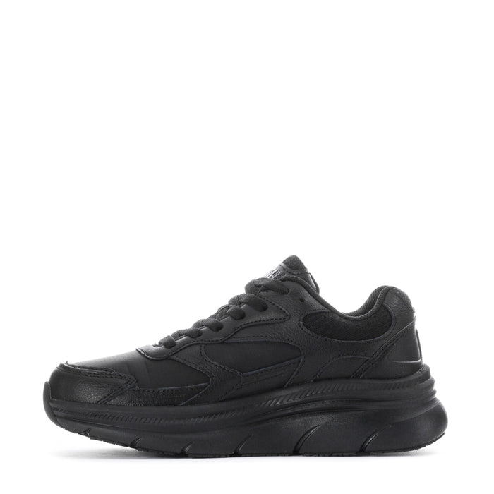 Black slip-resistant women's lace-up sneaker, side view with textured midsole