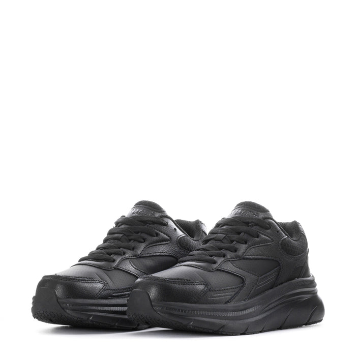 Black slip-resistant women's sneakers, front-to-front view with lace details