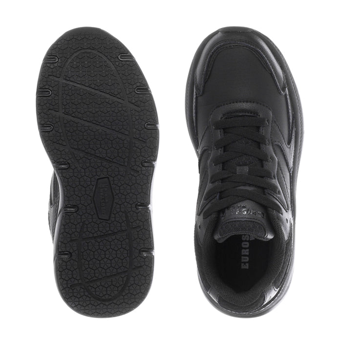 Black slip-resistant sneakers showing tread outsole and padded tongue/eyelets