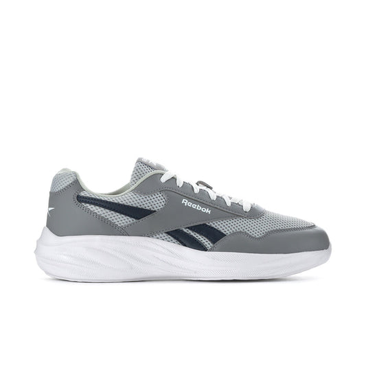 Men's Reebok grey running sneakers with white sole, mesh upper and lace-up closure