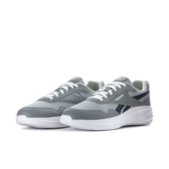 Reebok grey lace-up running sneakers, side view with white midsole and stitched overlays