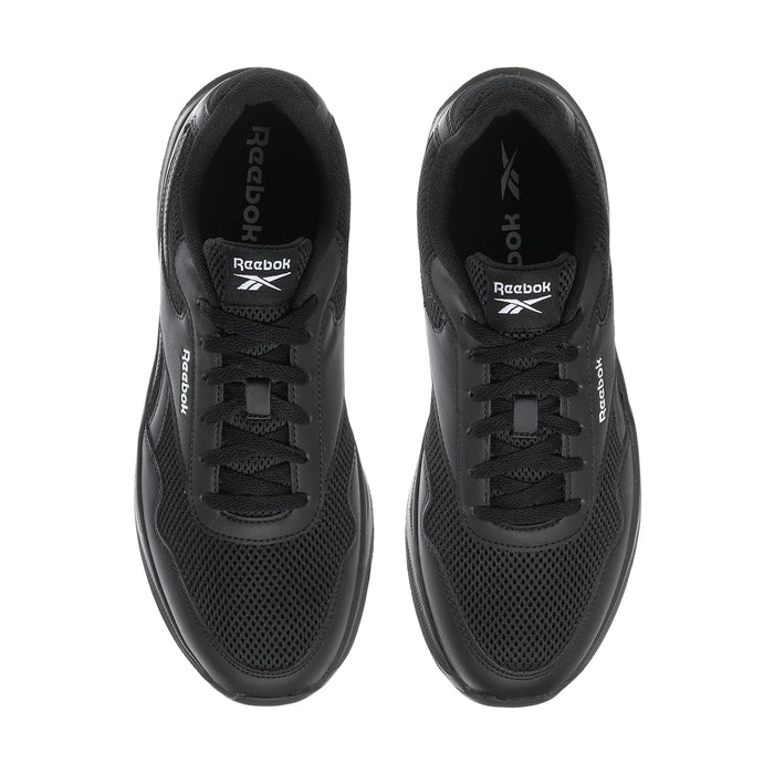 Pair of men's black Reebok lace-up sneakers, tongue and insole logos visible