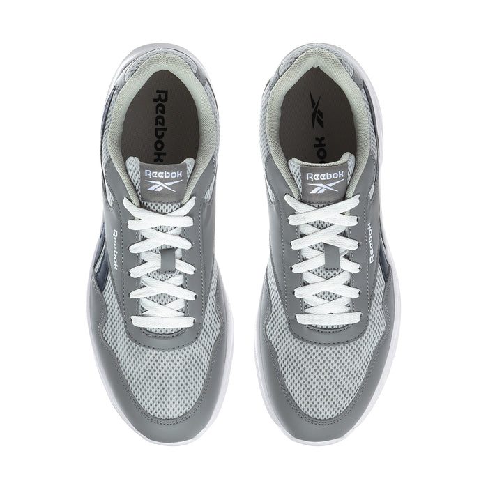 Reebok grey sneakers, front view with white laces and textured mesh tongue