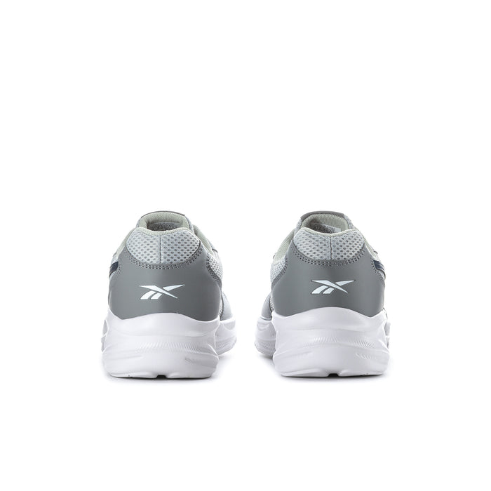 Reebok grey sneakers, back view with white midsole and Reebok logo on heel