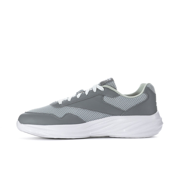 Reebok grey running sneakers, angled side view with breathable mesh and white outsole
