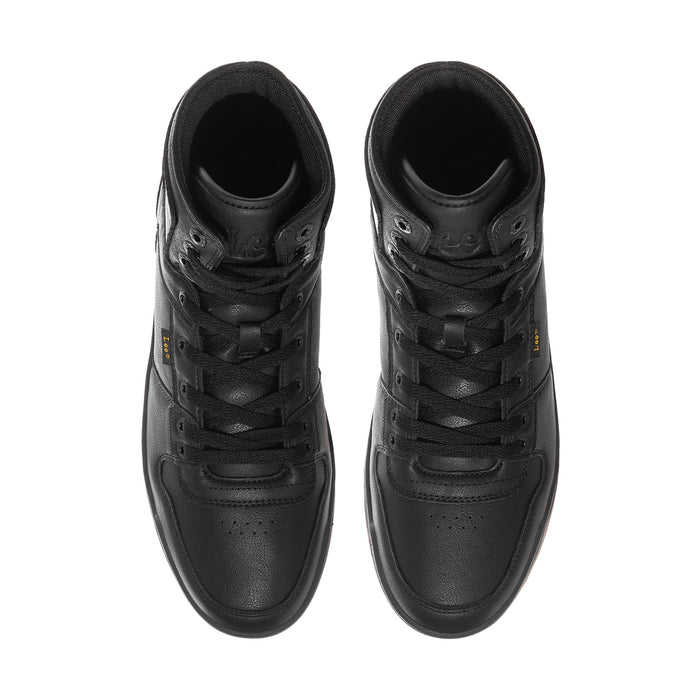 Black lace-up high-top sneakers, front view with textured stitching details