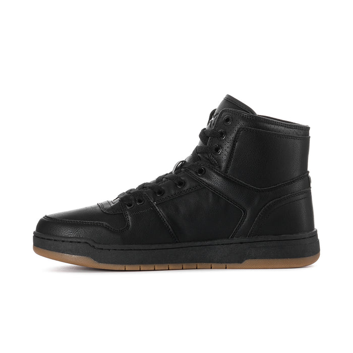 Black high-top lace-up sneaker with side panels and gum rubber outsole