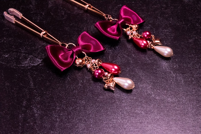 Deluxe Burgundy Bow Tweezer Nipple Clamps in Rose Gold