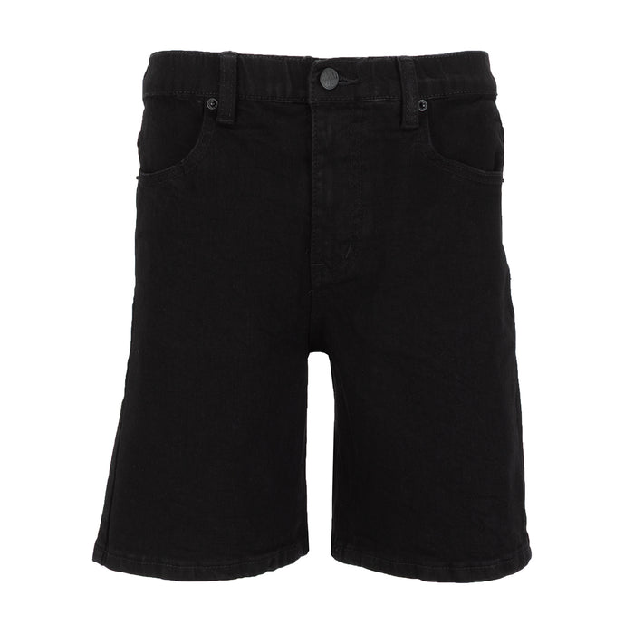 Youth black denim shorts with button fly, belt loops, and front pockets