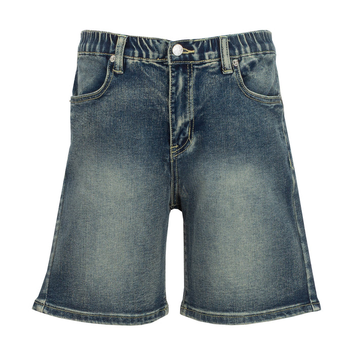 Youth dark stone denim shorts, zip fly, button closure, belt loops, cuffed hem