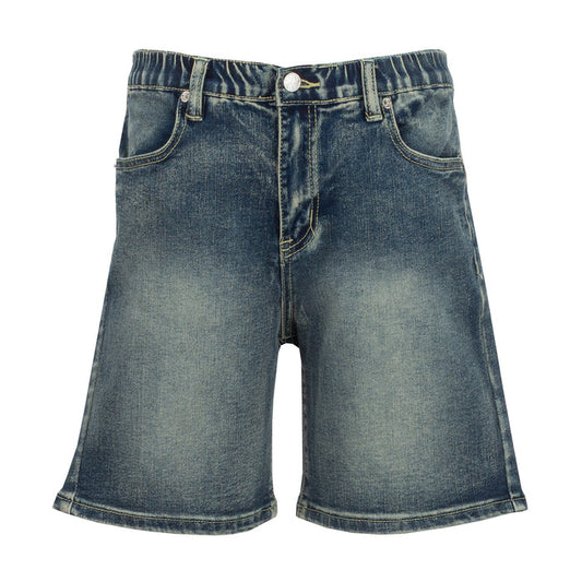 Youth dark stone denim shorts, zip fly, button closure, belt loops, cuffed hem