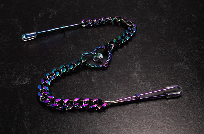 Design Your Own Crystal Rainbow Chained Heart Tweezer Nipple Clamps - 10" Chain