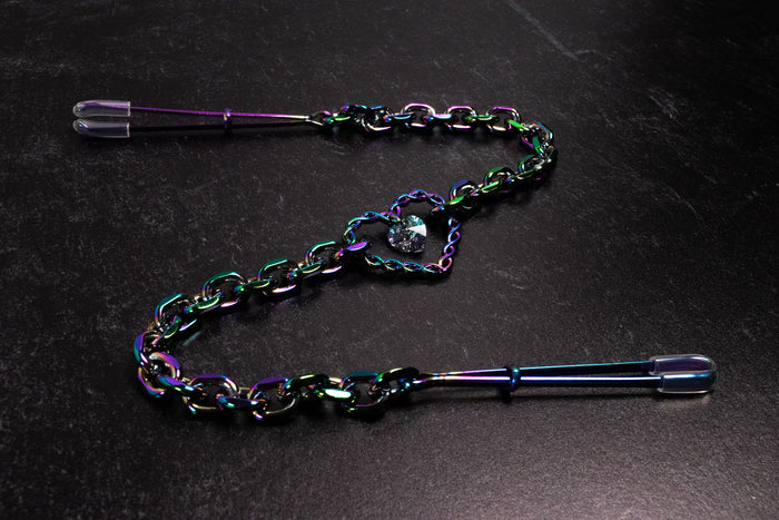 Design Your Own Crystal Rainbow Chained Heart Tweezer Nipple Clamps - 10" Chain