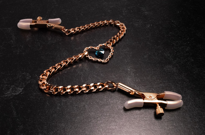 Design Your Own Crystal Rose Gold Chained Heart Clip Nipple Clamps - 10" Chain