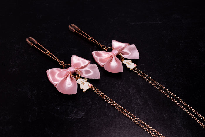 Design Your Own Deluxe Chained Bunny Bow Tweezer Nipple Clamps in Rose Gold