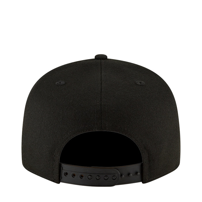 Black snapback baseball cap with open back and black leatherette strap