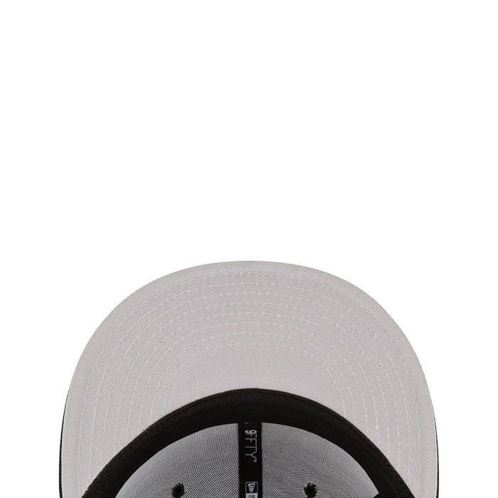 Light gray baseball cap with black inner band and snapback adjuster tabs.