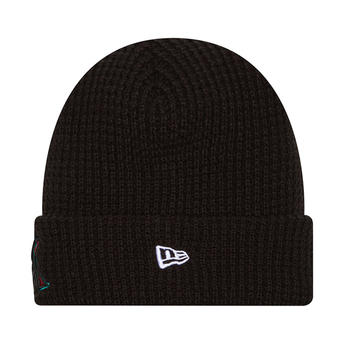Black waffle-knit beanie with folded cuff and white New Era logo