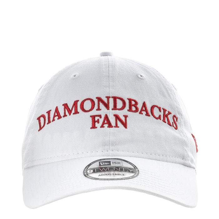 White Diamondbacks fan cap with red 'DIAMONDBACKS FAN' front embroidery and New Era logo patch