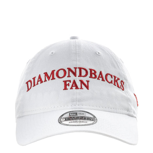 White Diamondbacks fan cap with red 'DIAMONDBACKS FAN' front embroidery and New Era logo patch