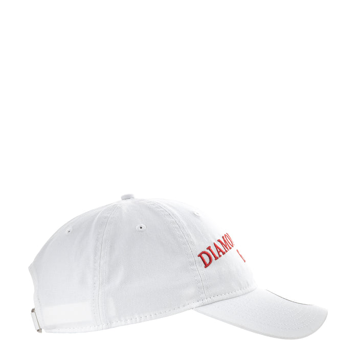 White Diamondbacks fan cap, side profile with partial red 'DIAMOND' lettering and small logo