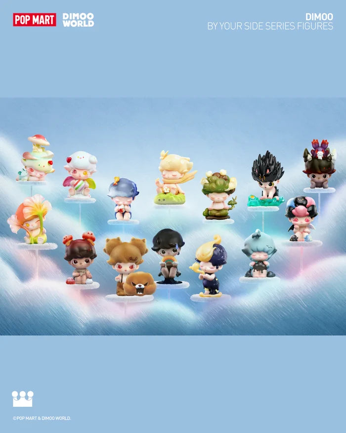 Alt text: DIMOO By Your Side Blind Box Series featuring 12 unique cartoon character figurines, available for preorder, shipping July 2024.