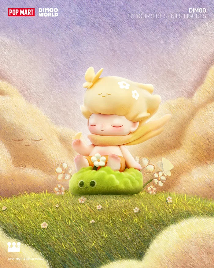 Alt text: DIMOO By Your Side Blind Box Series cartoon character sitting on green pillow, part of a 12-design set, preorder for July 2024.