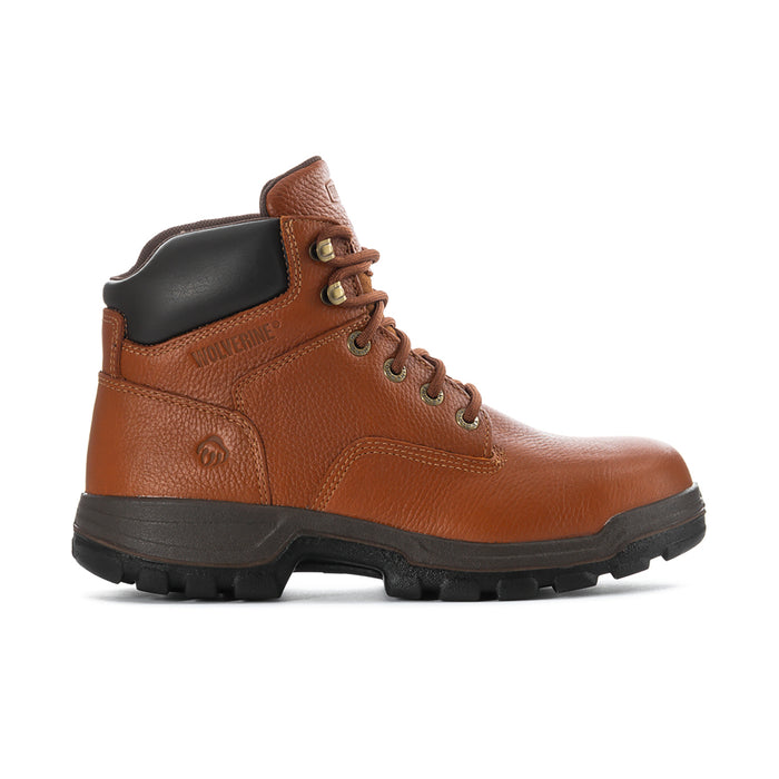 Men's brown steel-toe work boot with black ankle collar and lace-up front