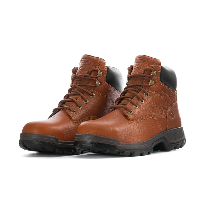 Pair of men's brown steel-toe lace-up work boots with black ankle panels and lug sole