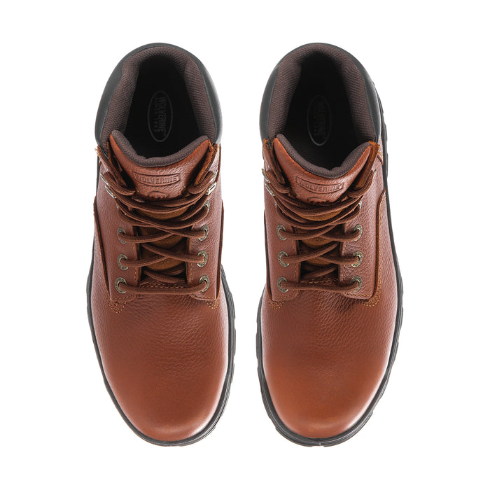 Men's brown steel-toe work boots, top view of laces and dark interior