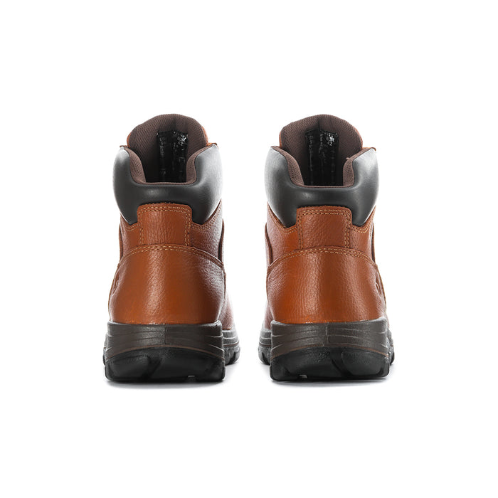 Men's brown steel-toe work boots from the back, black heel and padded collar