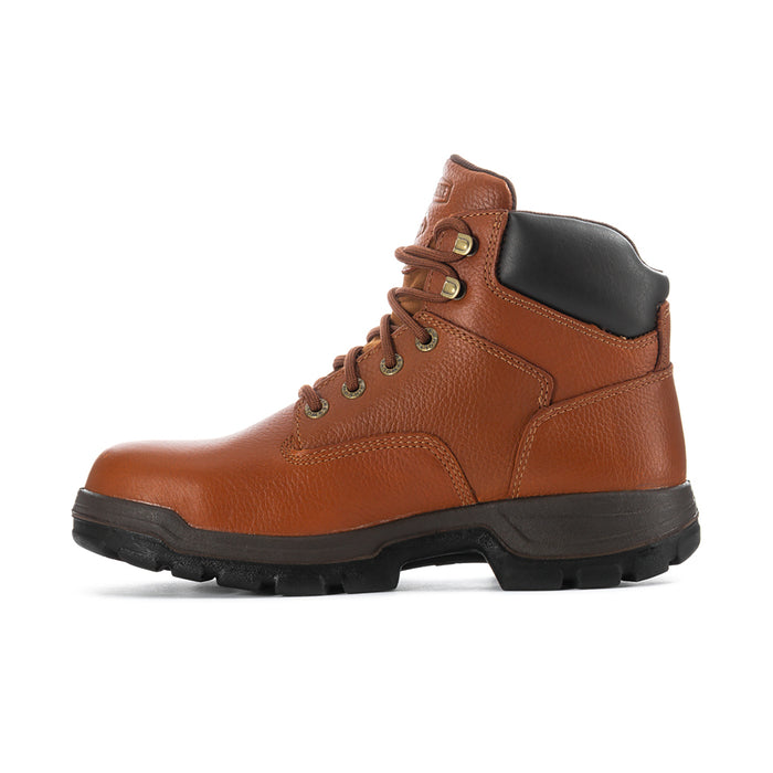Men's brown steel-toe lace-up work boot with black collar and textured grip sole