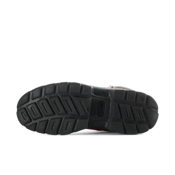 Men's brown steel-toe work boot outsole with deep lug tread for traction