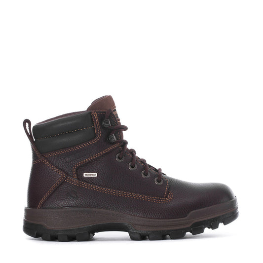 Men's dark brown waterproof work boots with lace-up design and padded collar