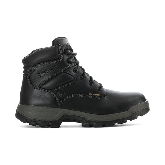 Men's black waterproof lace-up work boot with padded collar and rugged tread outsole