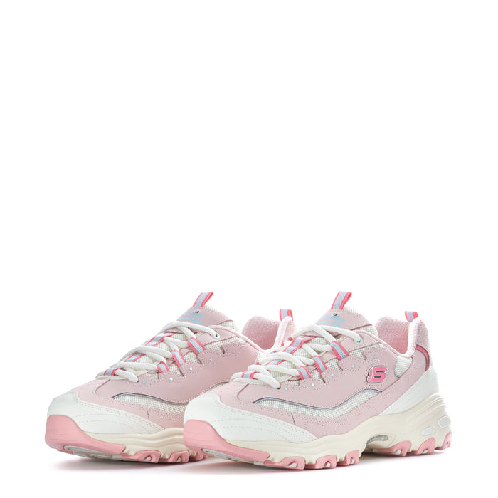 Pair of women’s light pink lace-up sneakers with off-white uppers and pink outsole