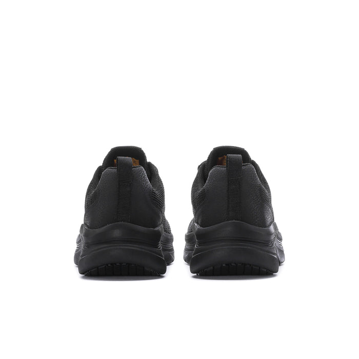Men's black walking shoes heel view with padded collar and molded outsole tread