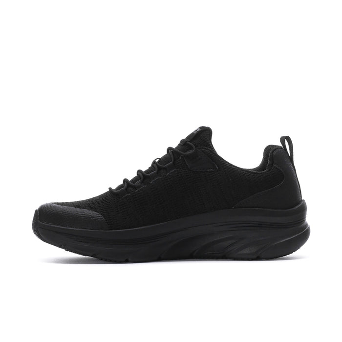 Men's black lace-up walking shoe side view with breathable knit texture