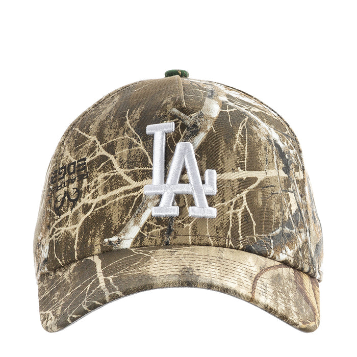 A-frame baseball cap in real tree camo with white Dodgers logo front