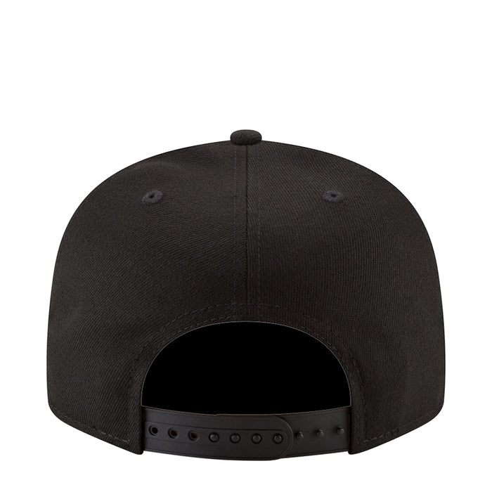 Black baseball cap back view with adjustable strap and ventilation holes