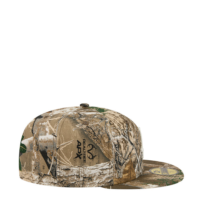 Camo baseball cap with white A logo patch on the side
