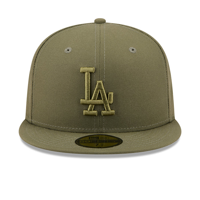 Olive baseball cap with raised gold front LA logo and side oval patch