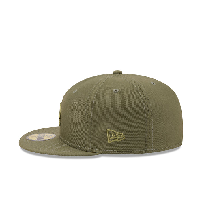 Olive baseball cap with gold New Era-style side logo and front LA emblem