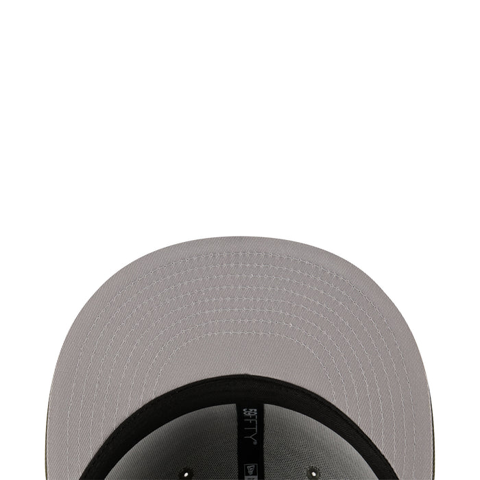 Light gray baseball cap with black underbrim and stitched ventilation eyelets
