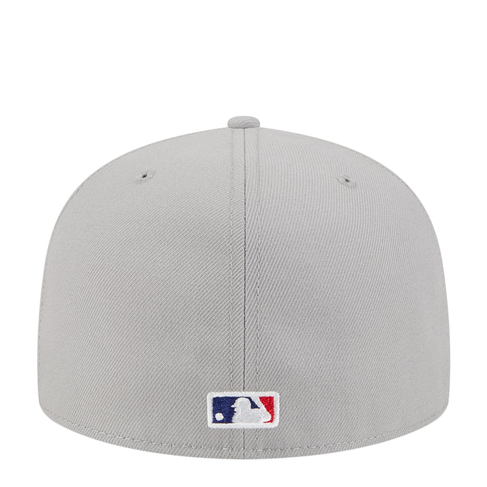 Grey baseball cap with MLB logo patch on back and flat brim
