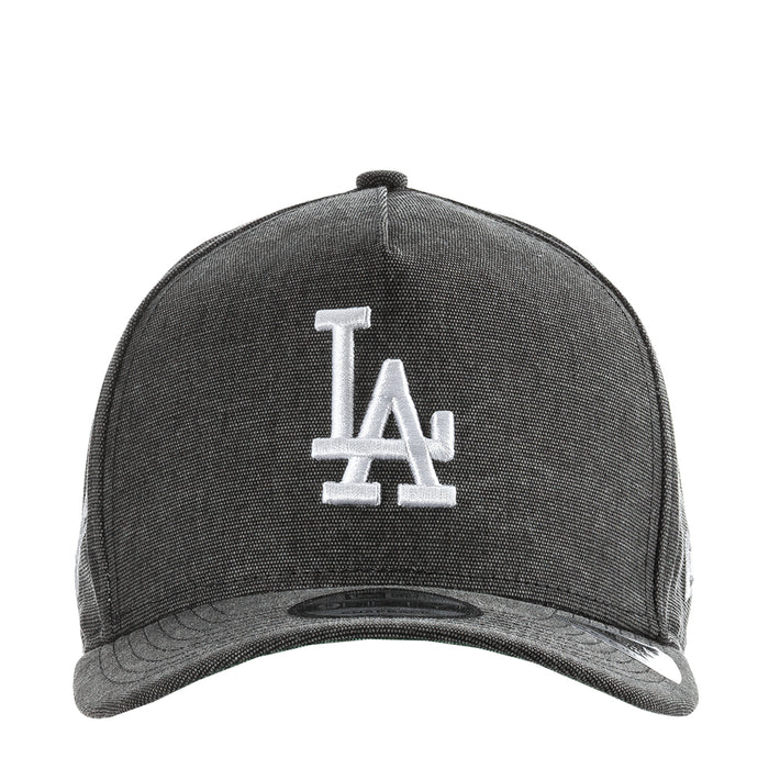 Washed black denim baseball cap with white LA logo on front