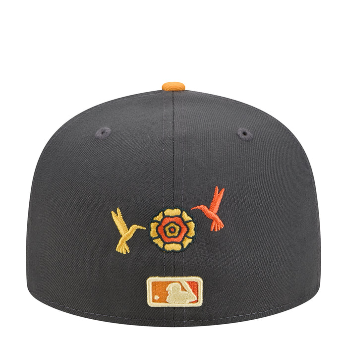 Dark grey snapback cap with orange-yellow flower embroidery and small orange logo patch at front